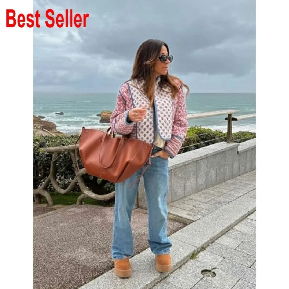 Reversible Quilted Cropped Jacket Floral Print Lightweight Puffer Chic